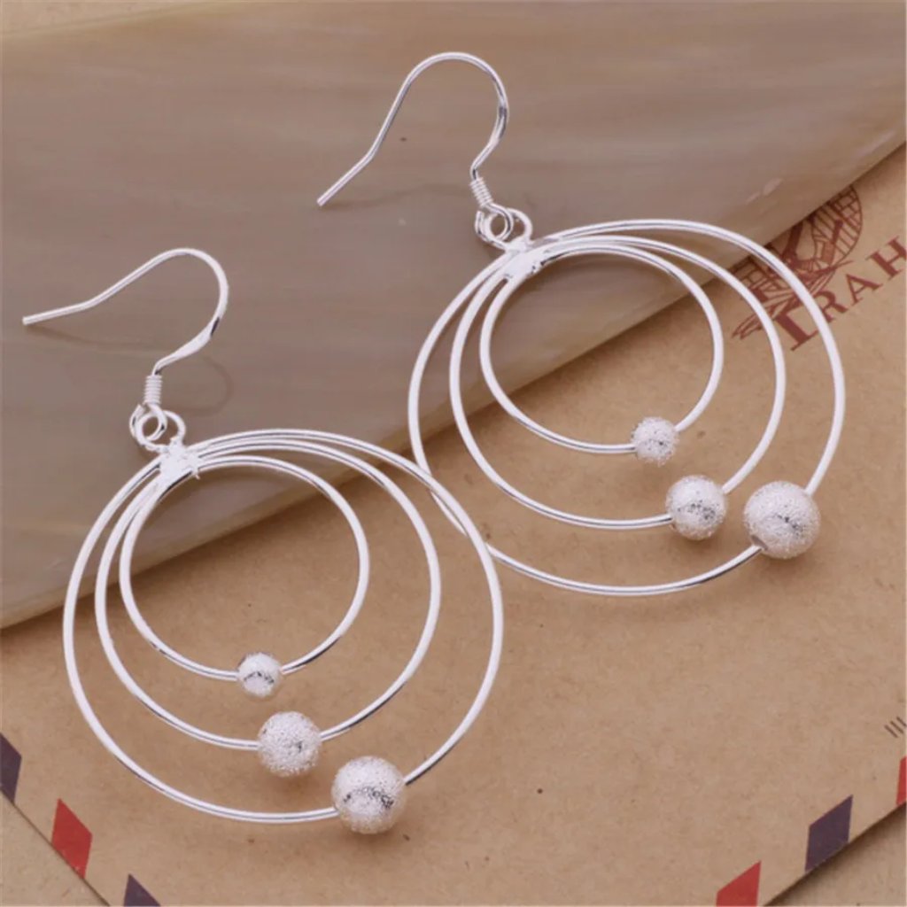 Gorgeous 3 Circles With Beads Hanging Earrings, Sterling Silver 